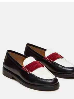 Steve Madden Women's Madison Black & White Leather Loafers with Red Suede Strap